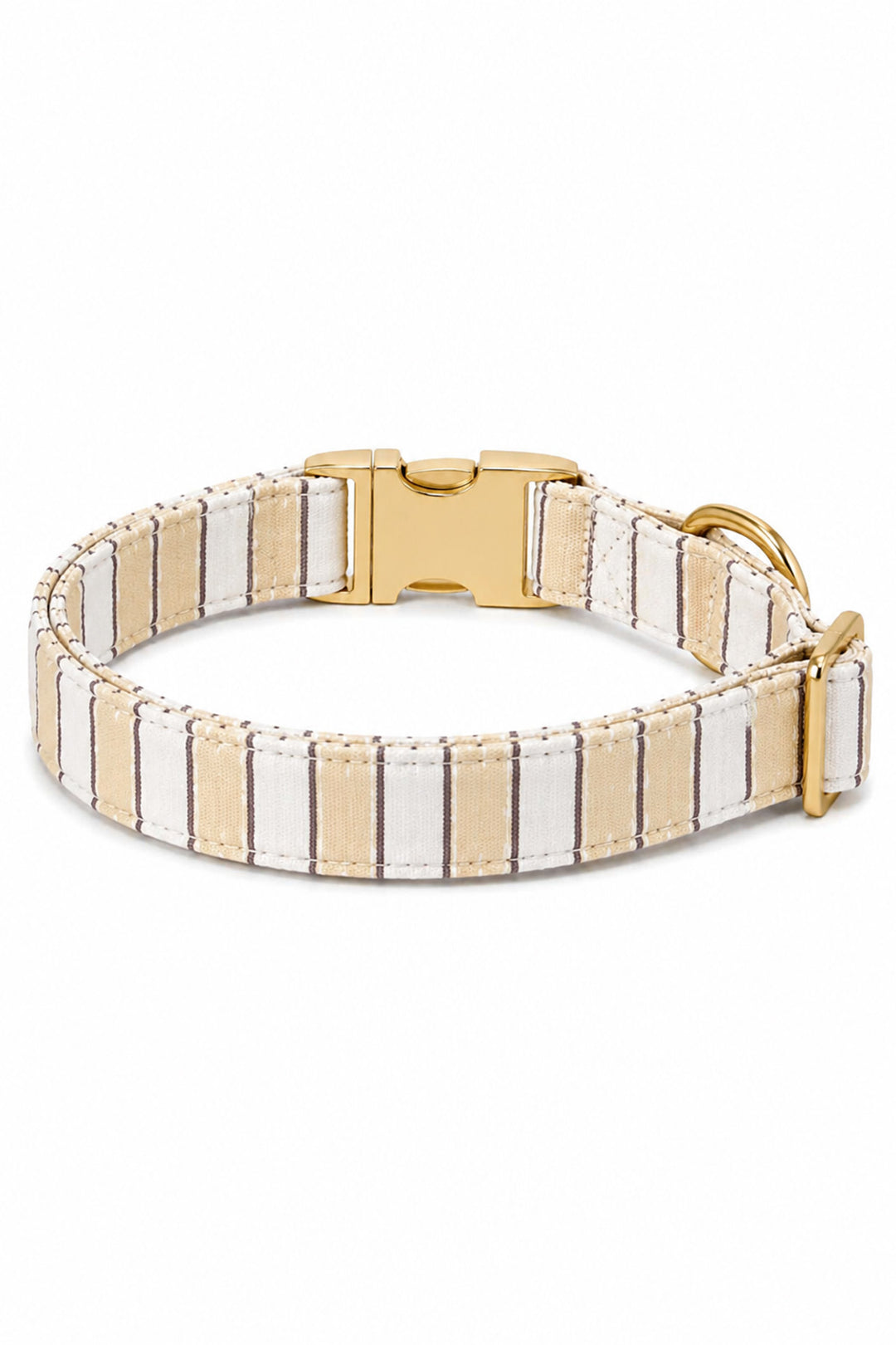 Back view of Biscuit Stripe dog collar showing the full band with tan and white stripes and the back of the gold-tone quick-release buckle and D-ring