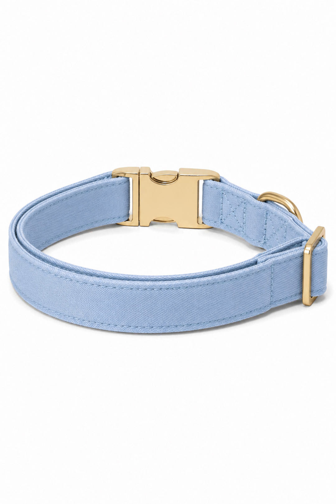 Back view of Caden Lane denim days light blue denim fabric dog collar showing D-ring, stitching detail, and gold buckle hardware