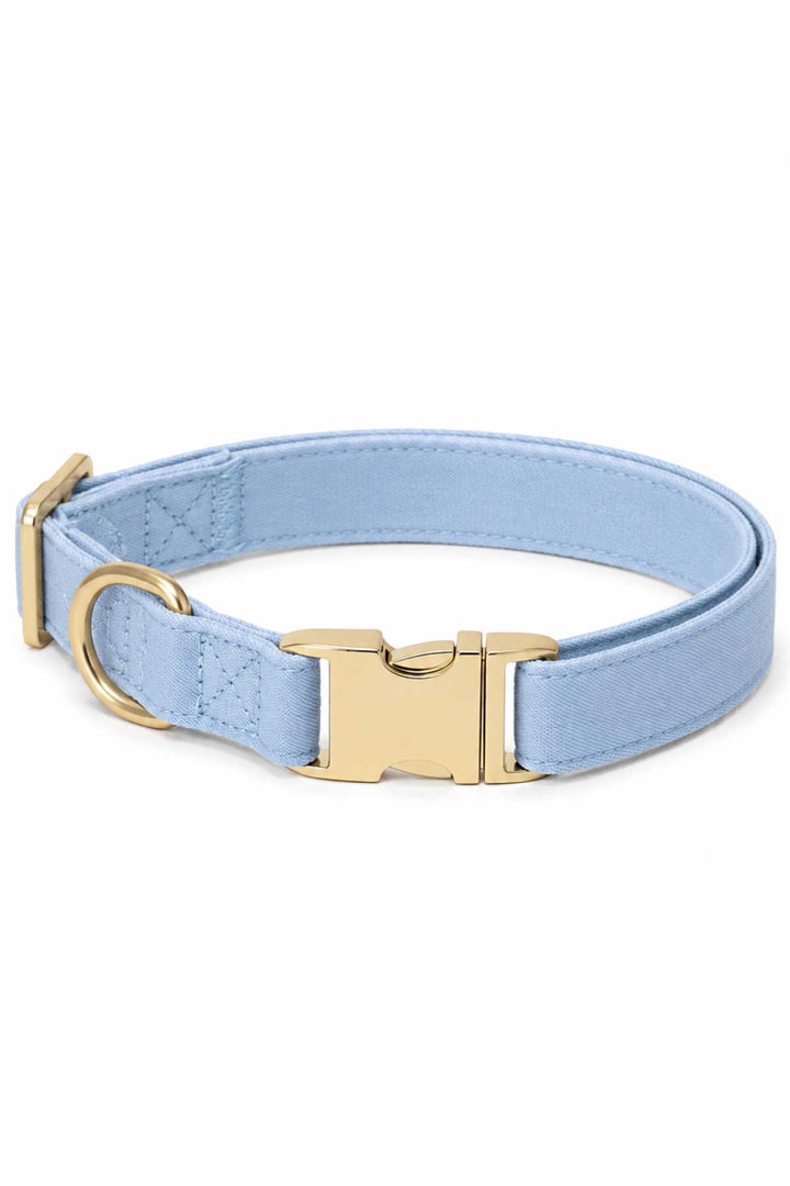 Caden Lane denim days light blue denim fabric dog collar with gold buckle and D-ring hardware, laying flat on white background