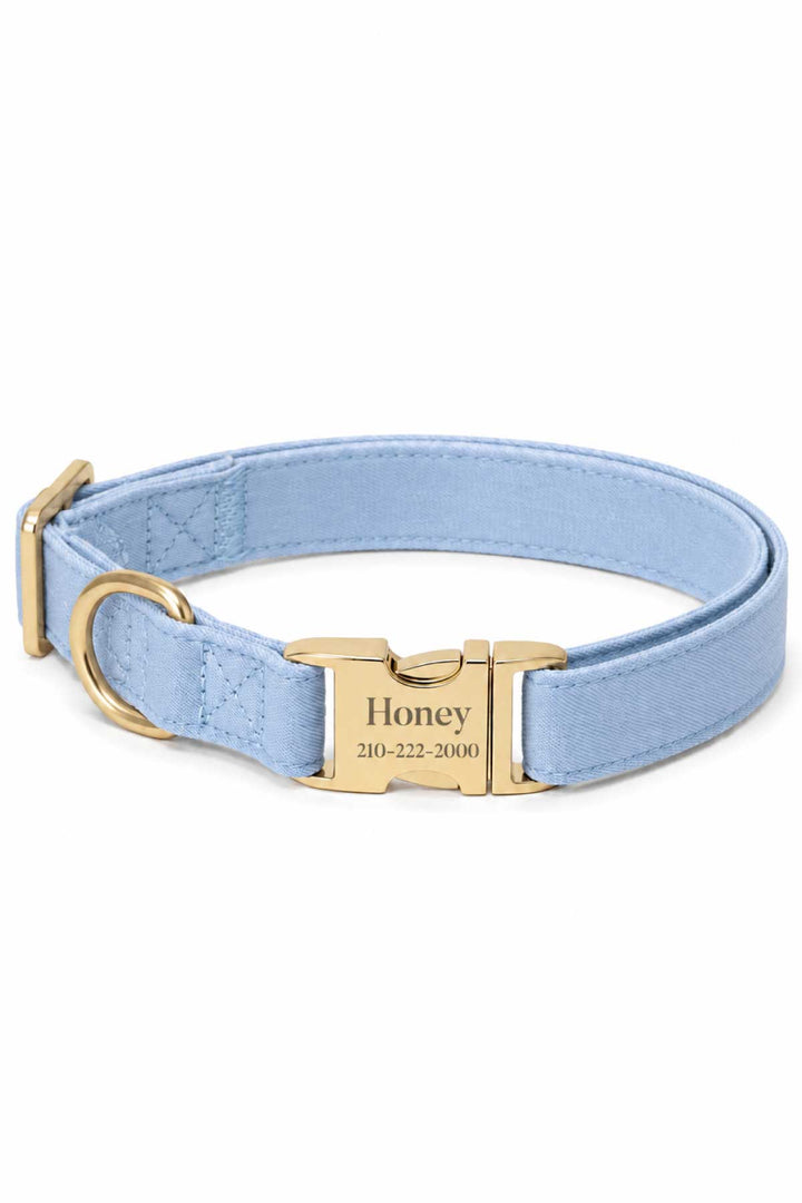Personalized Caden Lane denim days light blue denim fabric dog collar with custom name and phone number engraved on gold buckle plate
