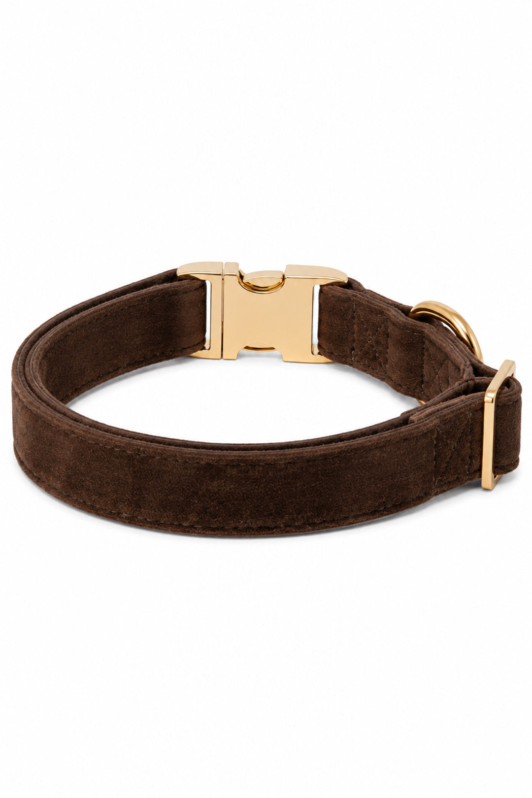 Back view of Caden Lane espresso crush dark brown velvet dog collar showing D-ring, stitching detail, and gold buckle hardware