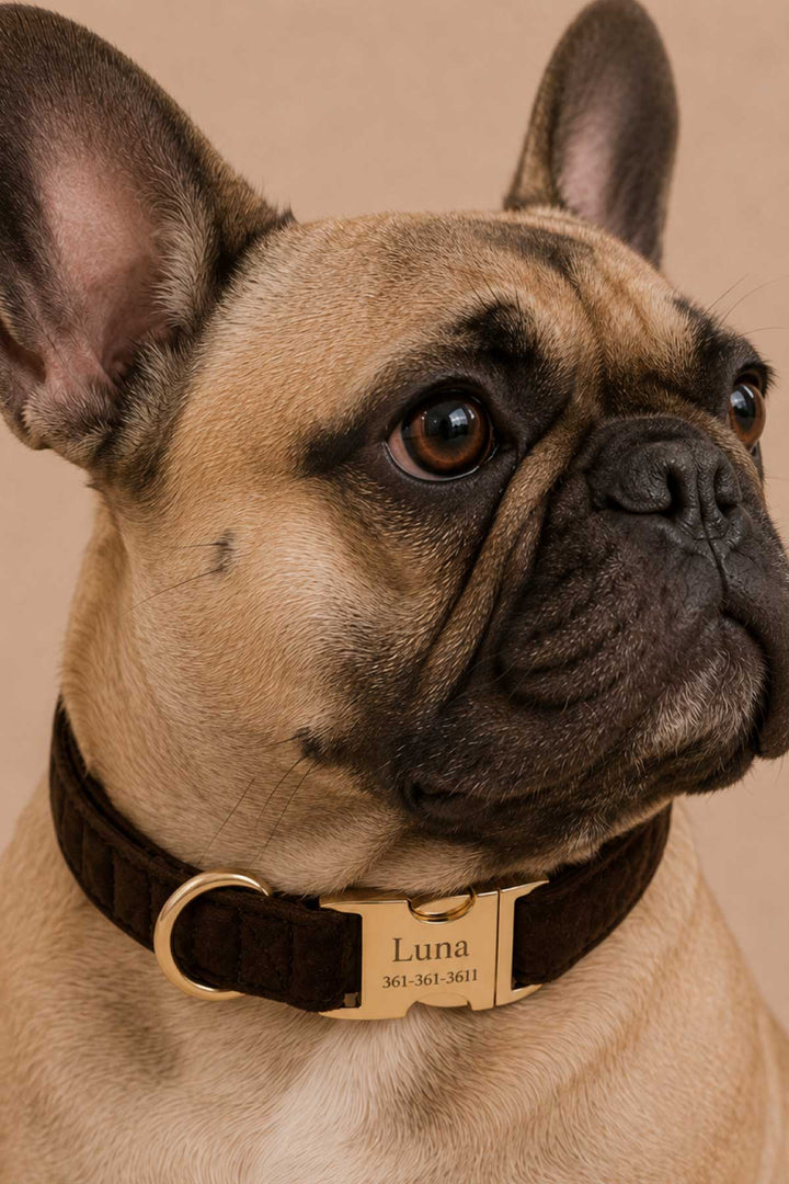 Close-up of French bulldog wearing a personalized espresso crush dark brown velvet collar with gold engraved buckle showing name and contact info