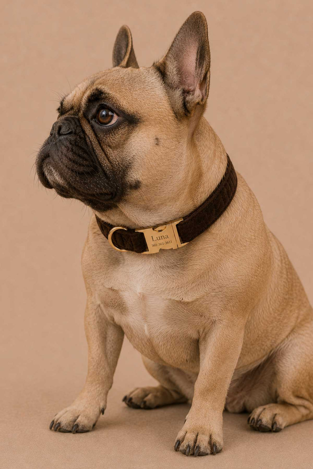 French bulldog sitting and looking alert wearing a personalized espresso crush dark brown velvet dog collar with gold buckle