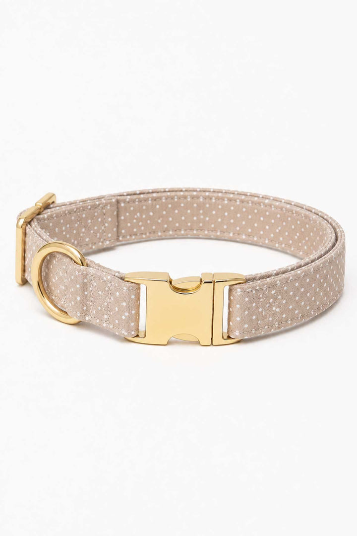 Latte brown polka dot dog collar with gold quick-release buckle and D-ring on a white background