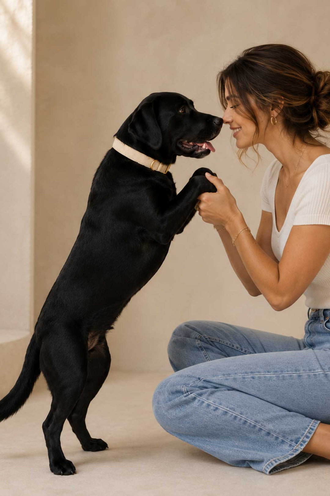 A woman sitting on the floor smiling as her black Labrador stands on hind legs wearing the latte brown polka dot personalized dog collar