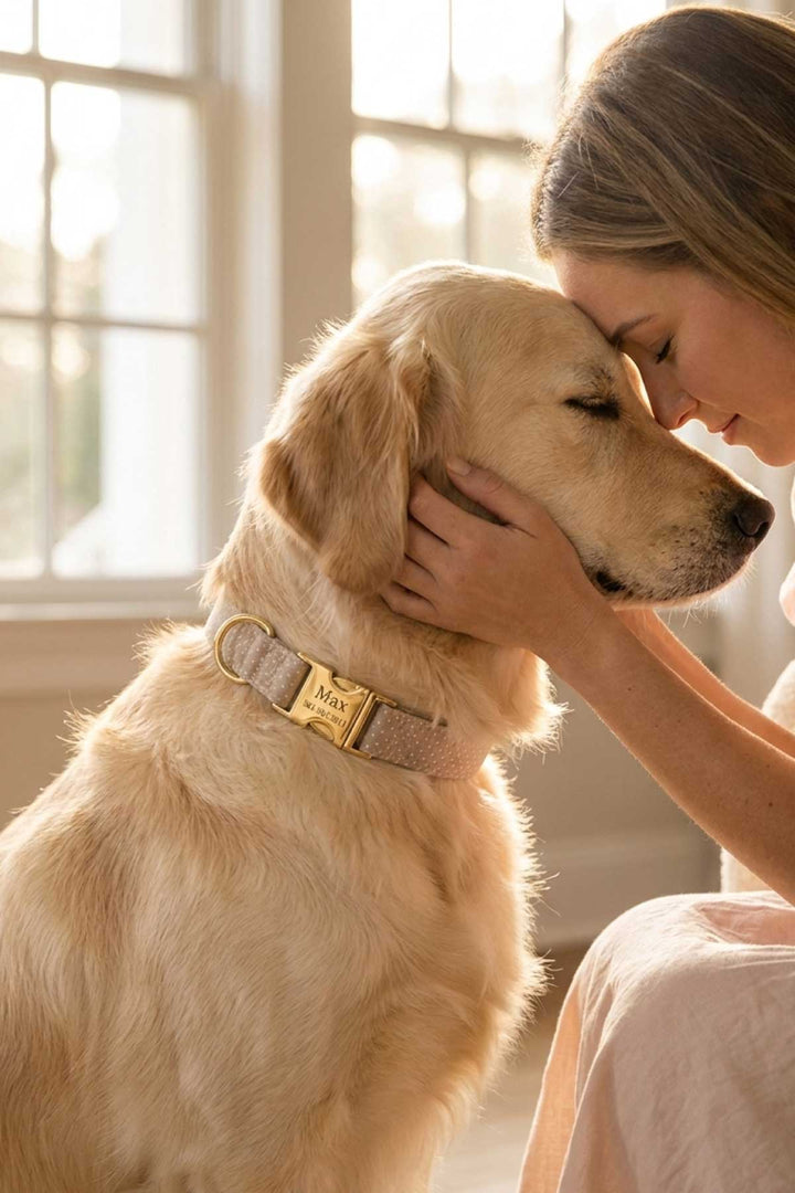 A woman touching foreheads with her golden Labrador wearing the latte brown polka dot personalized dog collar with a gold nameplate