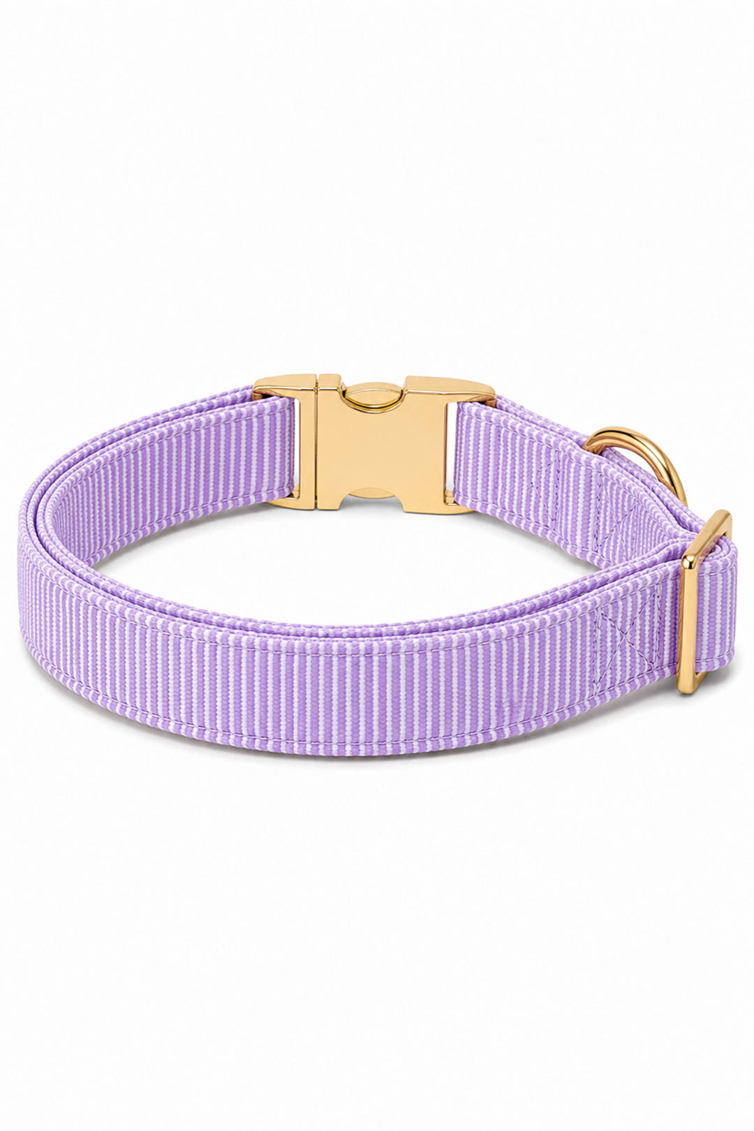 Lavender woven dog collar with gold personalized buckle showing the back side of the collar