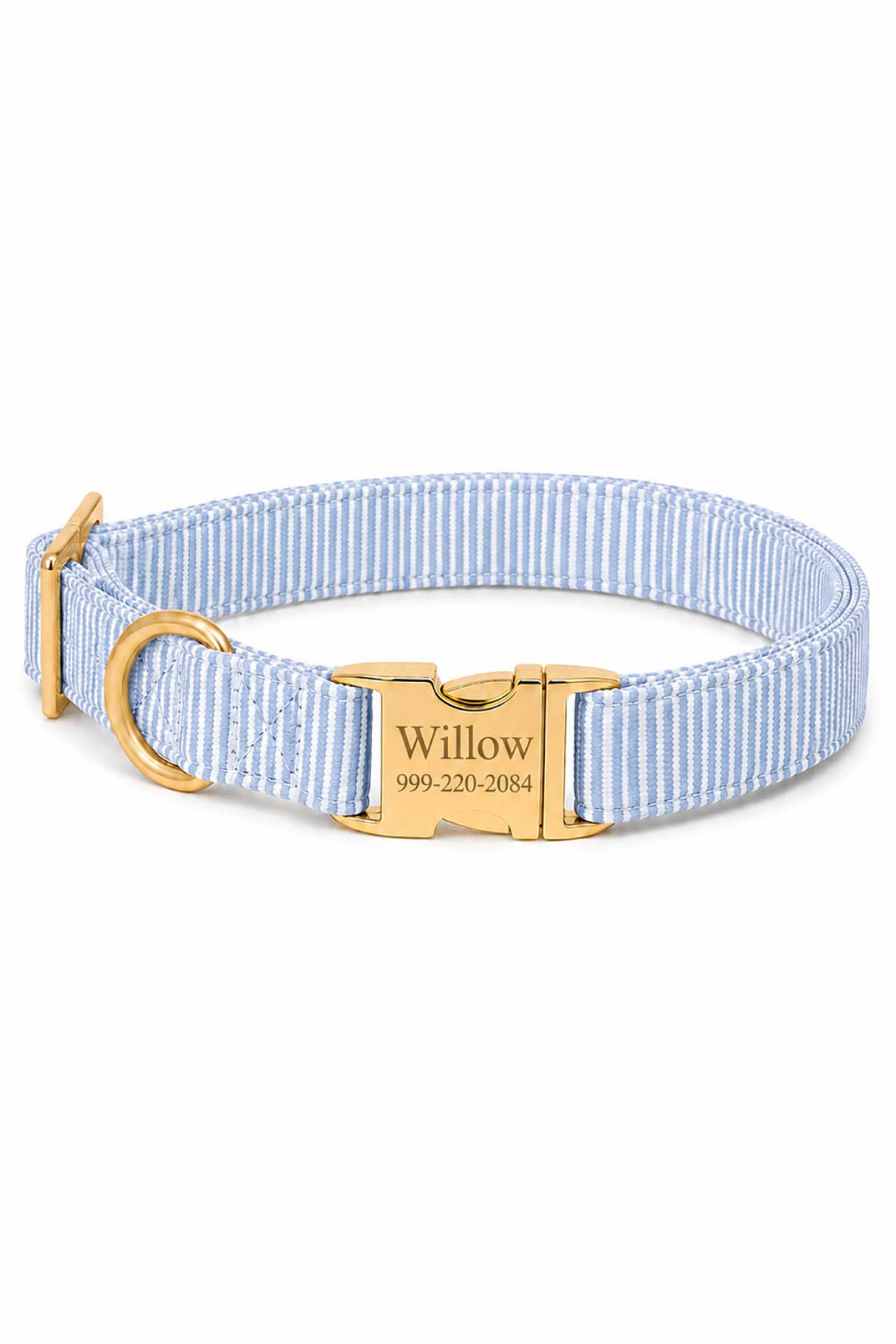 Morning Mist light blue and white pinstripe dog collar with gold personalized ID plate engraved with name and phone number, product shot on white background