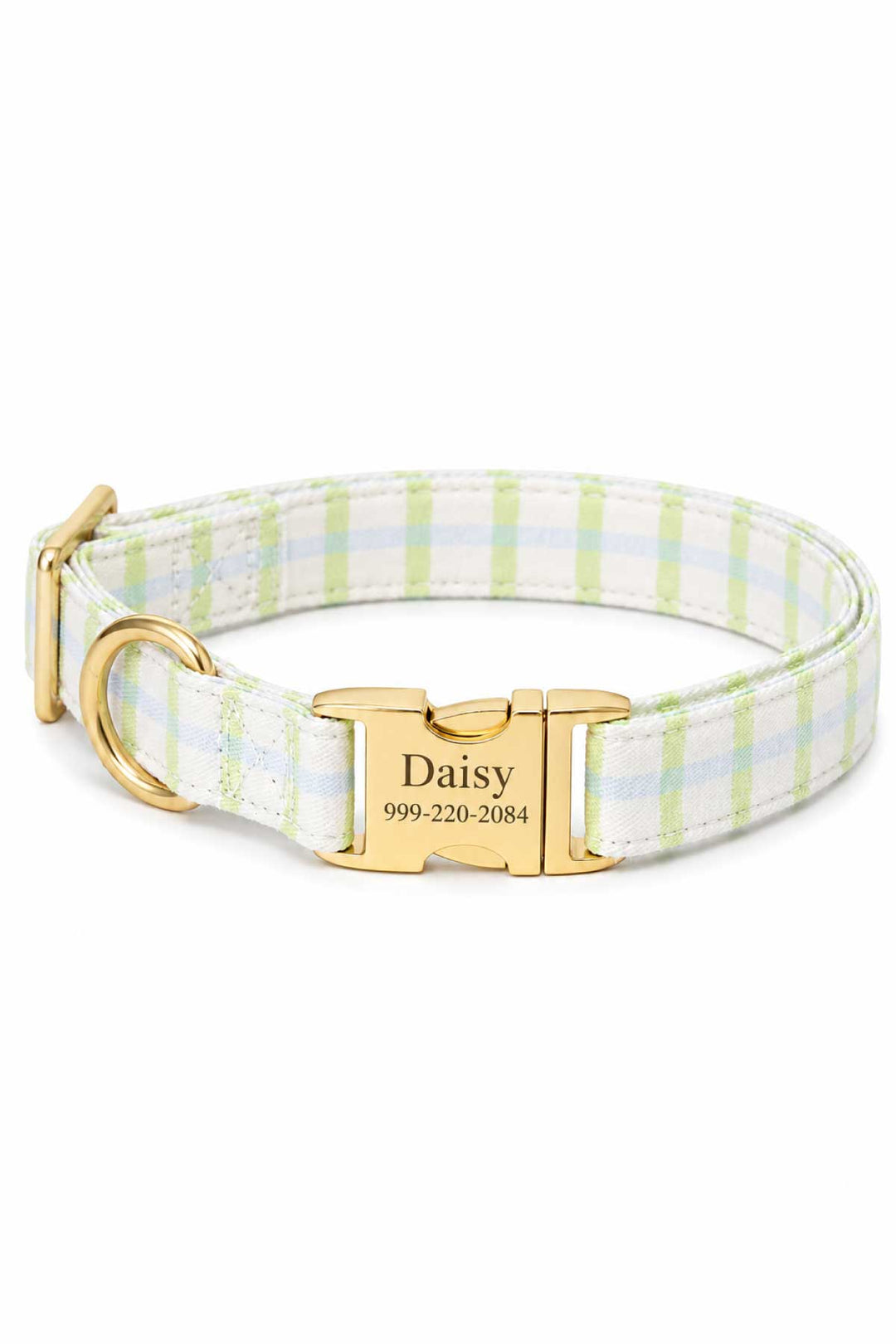 Picnic plaid dog collar coiled and showing the gold personalized ID tag engraved with the name "Daisy" and a phone number, with gold hardware