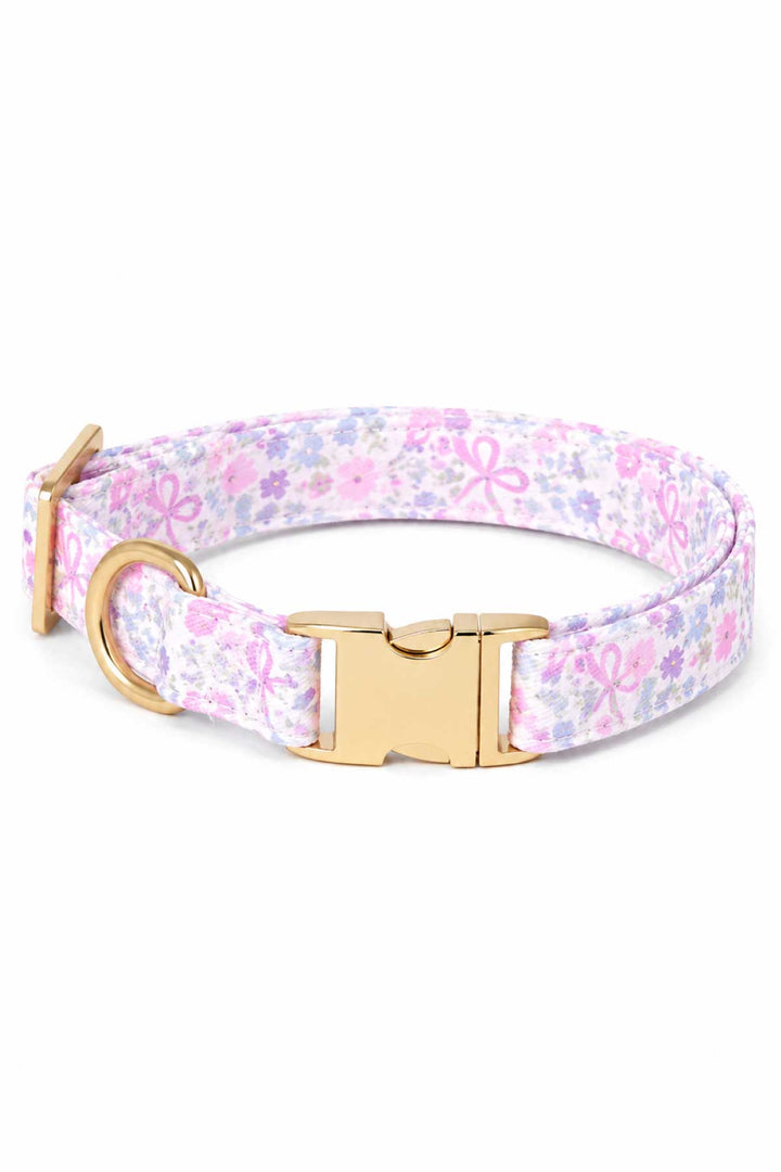 Ribbon Garden dog collar in pink and lavender floral print with gold quick-release buckle and D-ring, shown on white background