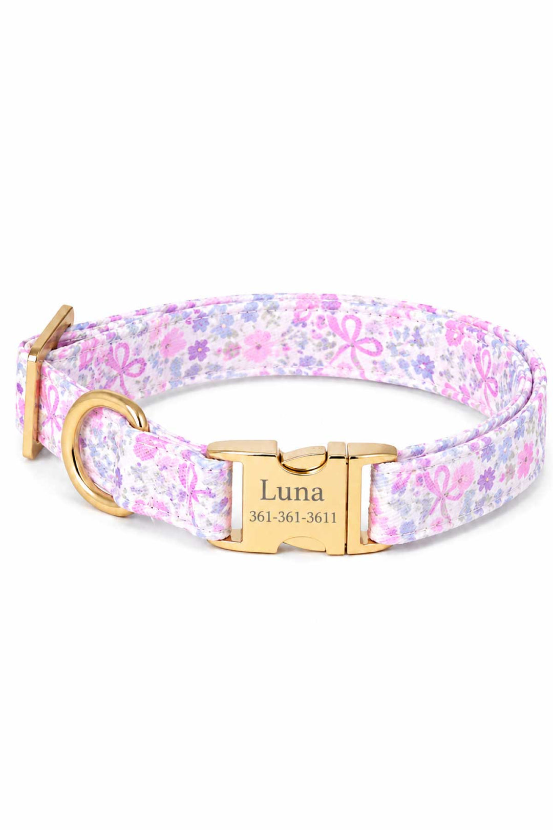 Ribbon Garden dog collar with personalized gold engraved ID buckle showing a pet name and phone number, on white background