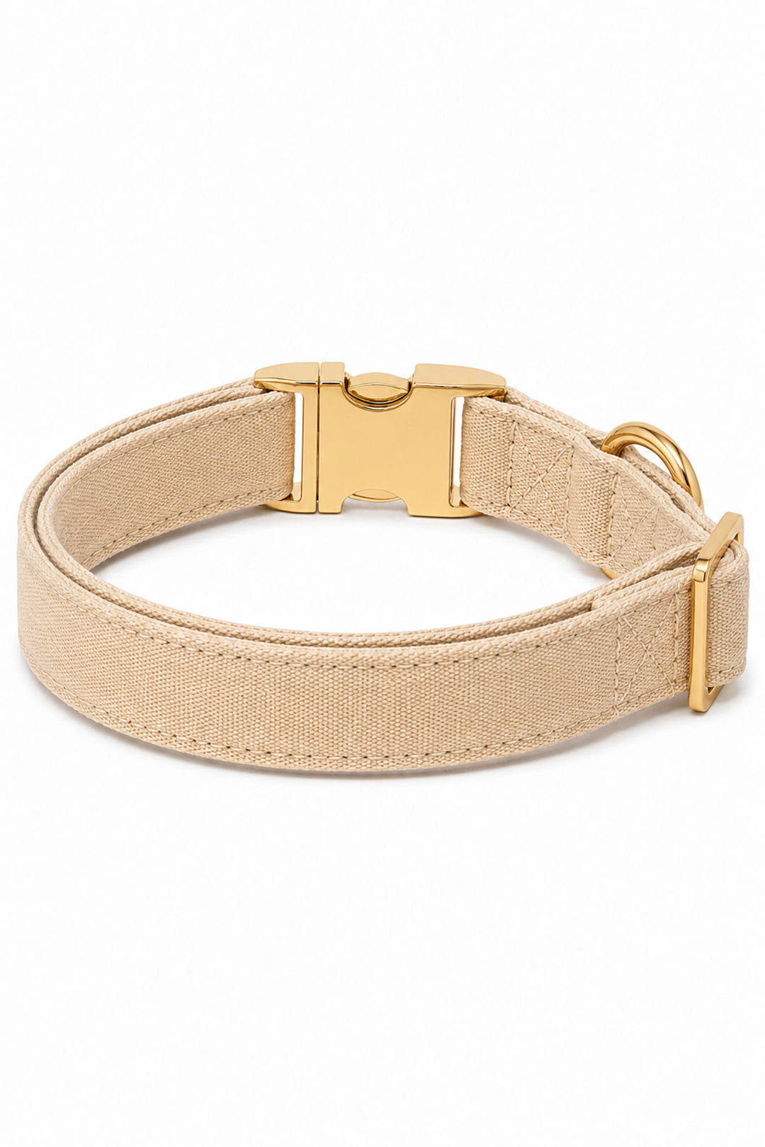 Back view of Caden Lane sand dune beige flax fabric dog collar showing D-ring, stitching detail, and gold buckle hardware