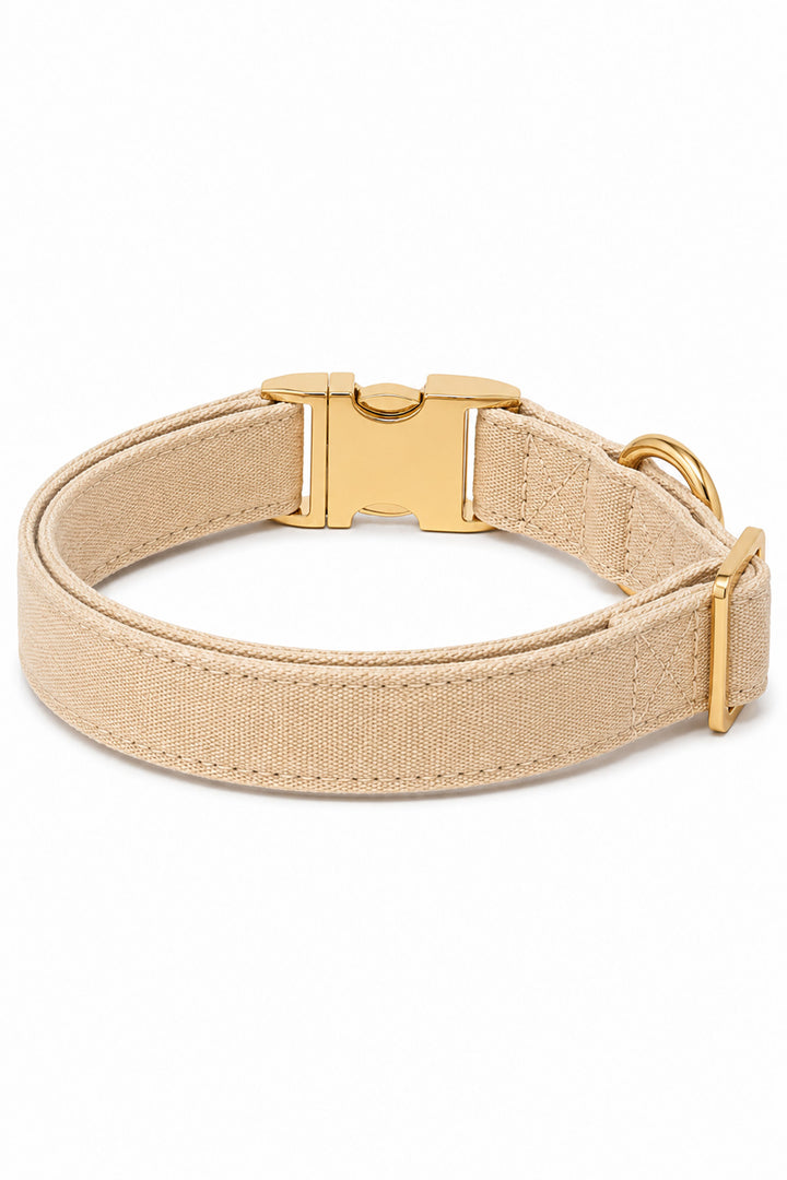 Back view of Caden Lane sand dune beige flax fabric dog collar showing D-ring, stitching detail, and gold buckle hardware