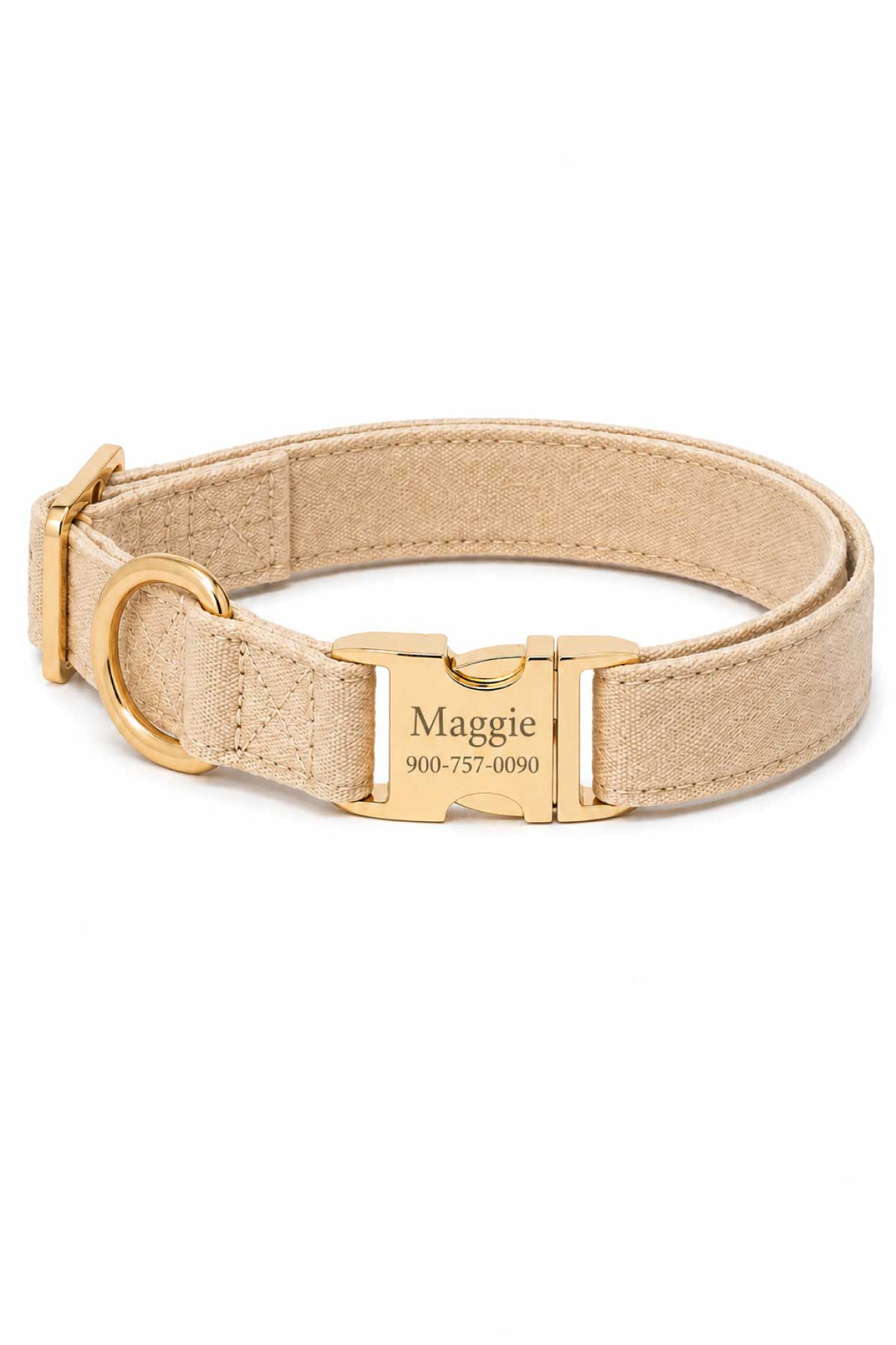 Personalized Caden Lane sand dune beige flax fabric dog collar with custom name and phone number engraved on gold buckle plate