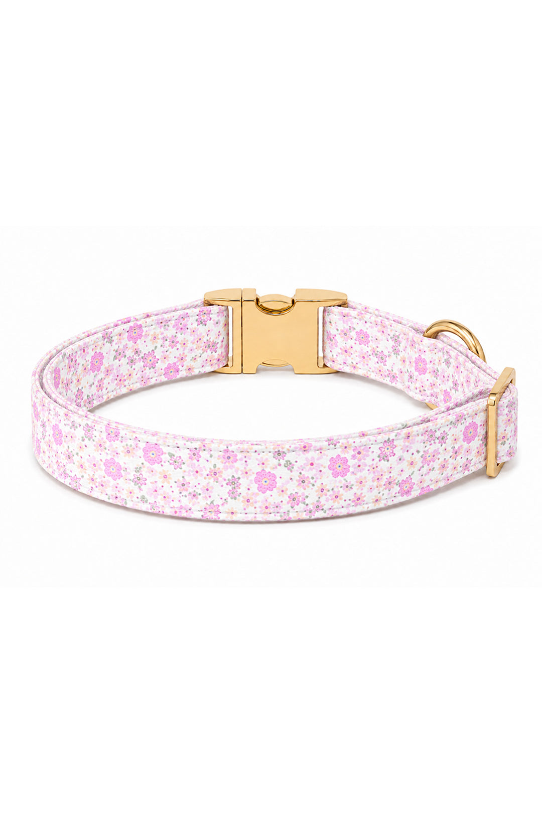 Side view of Scattered Blooms dog collar showing the full floral print, gold buckle hardware, and D-ring without personalization