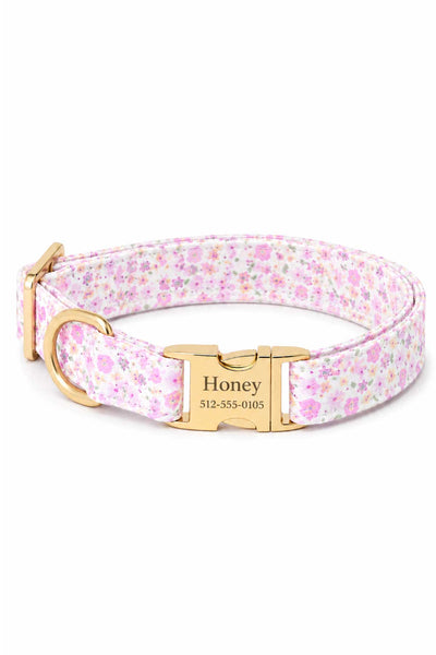 Scattered Blooms dog collar with personalized gold ID buckle engraved with pet name and phone number for identification
