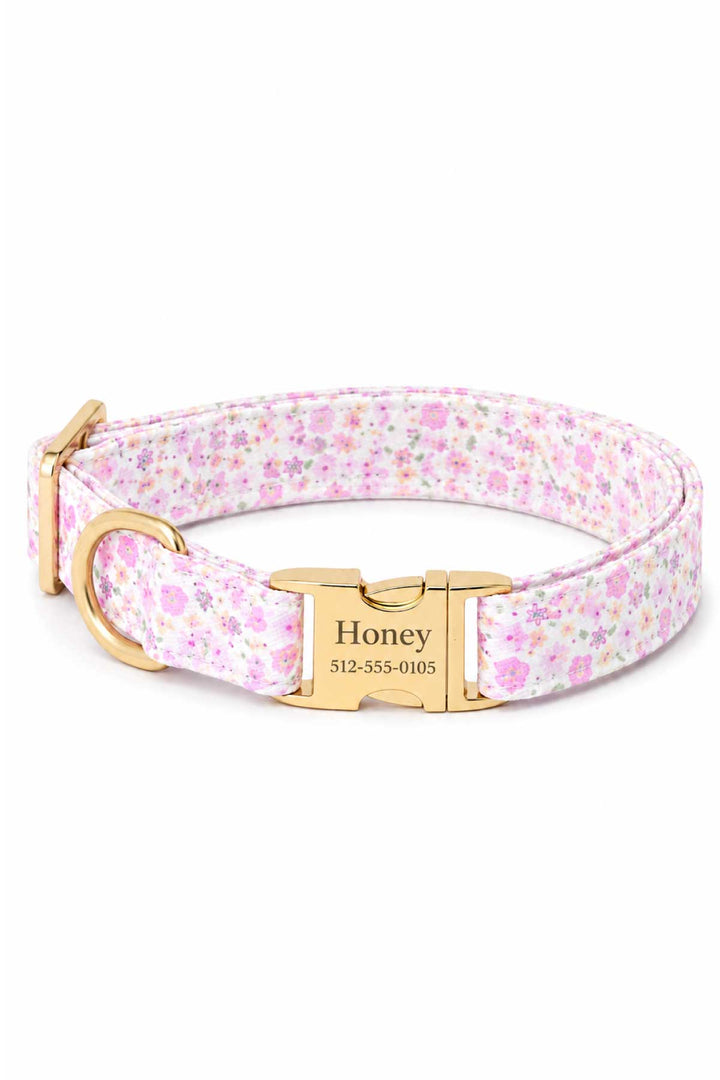 Scattered Blooms dog collar with personalized gold ID buckle engraved with pet name and phone number for identification