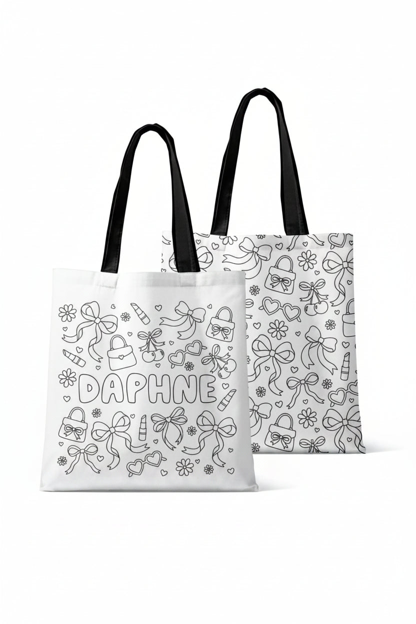 colorable personalized tote bag purse, bow and lipstick