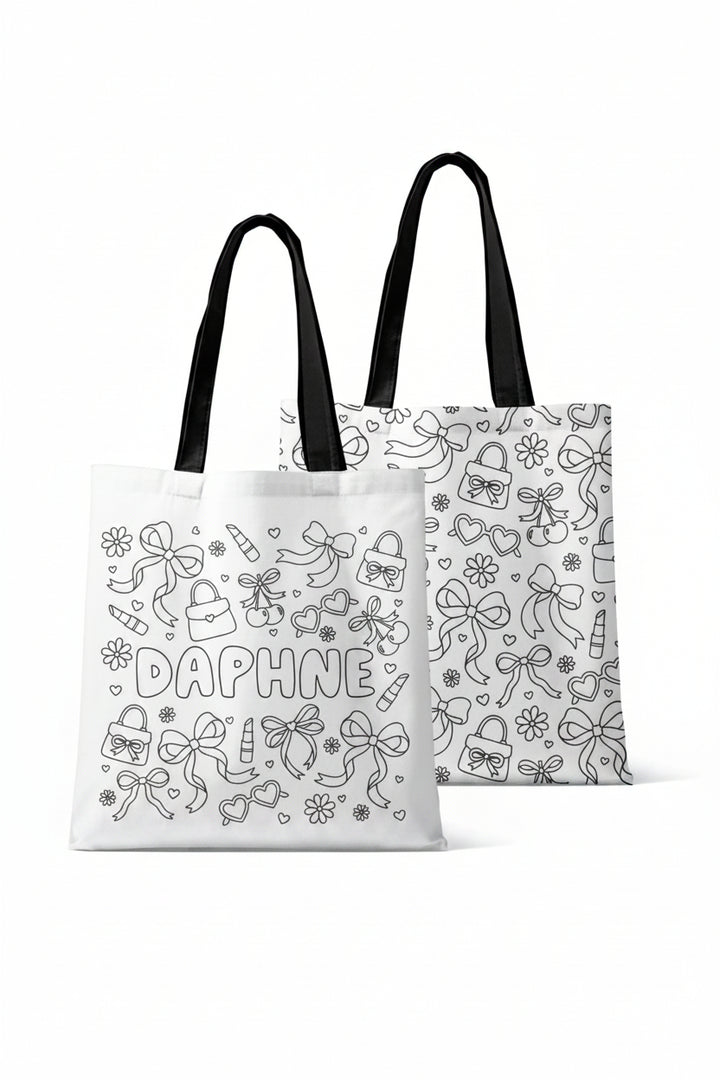 colorable personalized tote bag purse, bow and lipstick