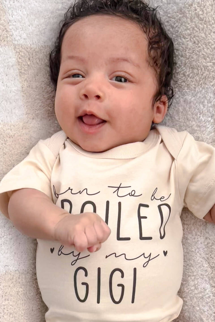 personalized born to be spoiled cotton infant bodysuit in natural for babies and newborns