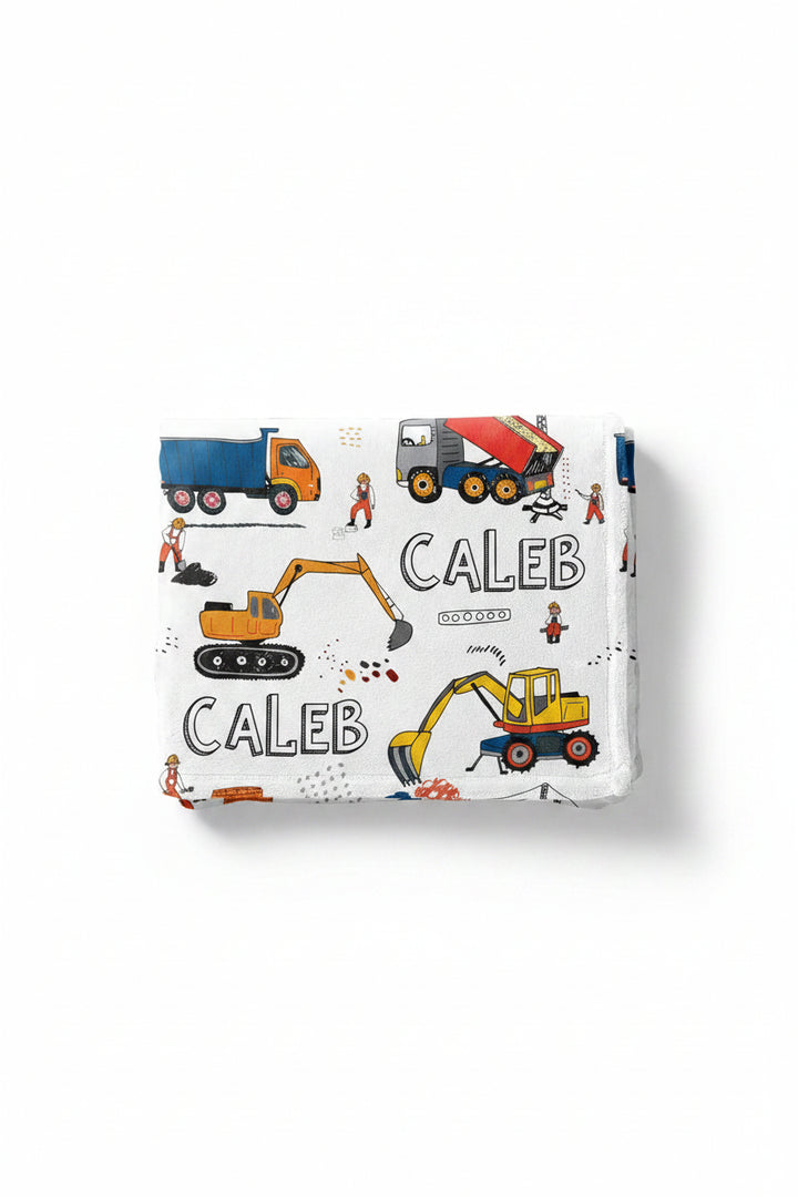 personalized blanket for kids construction trucks 