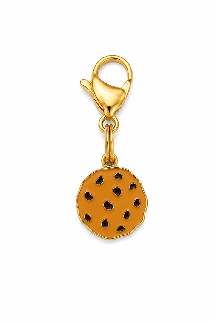 Chocolate chip cookie enamel pet collar charm with gold lobster claw clasp on white background