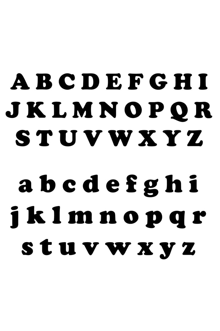 Font reference chart showing the Cooper Black personalization font in uppercase and lowercase letters A through Z