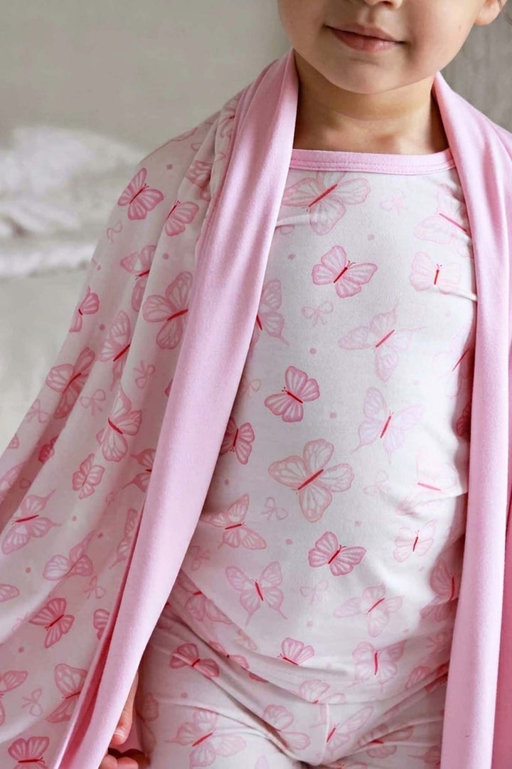 blooming butterflies two piece pajama set with matching bamboo blanket
