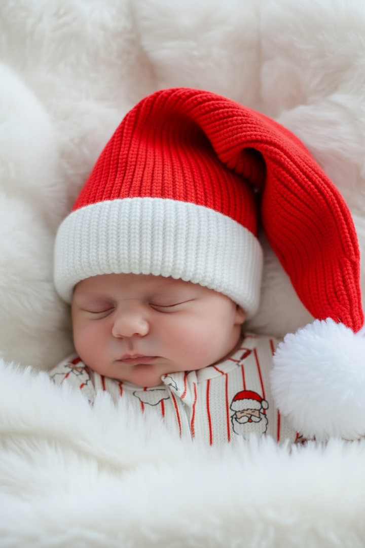 Sleeping baby wearing a Caden Lane soft red and white knit Santa hat with a fluffy white pom-pom, perfect for baby's first Christmas and holiday photos.