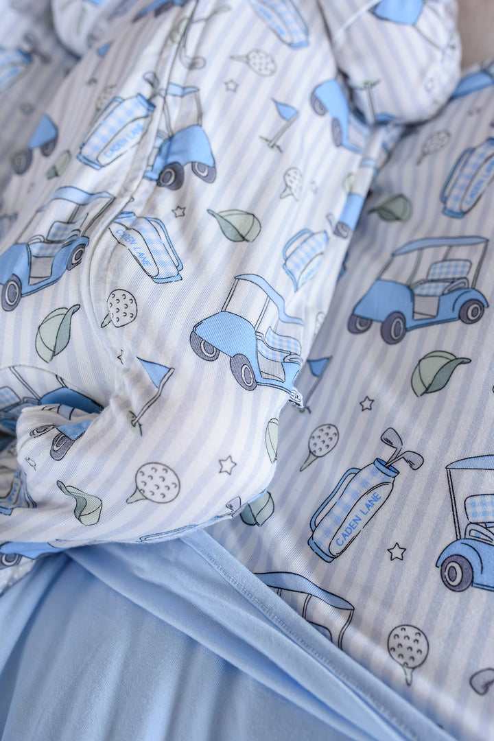 closeup of blue caddie crew zipper footie