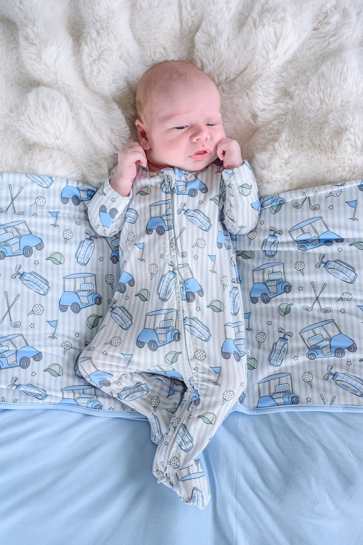 preppy blue zipper footie for baby boys