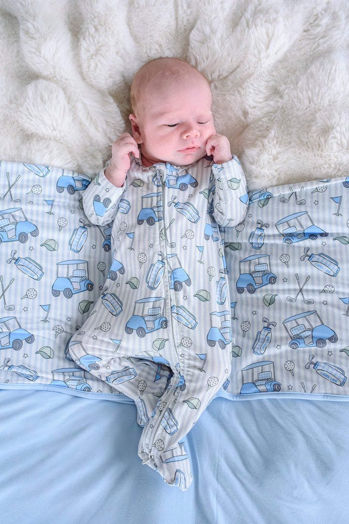 caddie crew blue bamboo zipper footie with matching bamboo blanket 