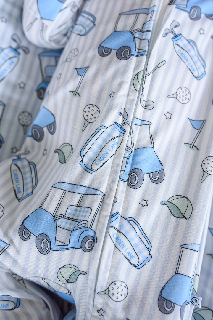 closeup of caddie crew blue footie