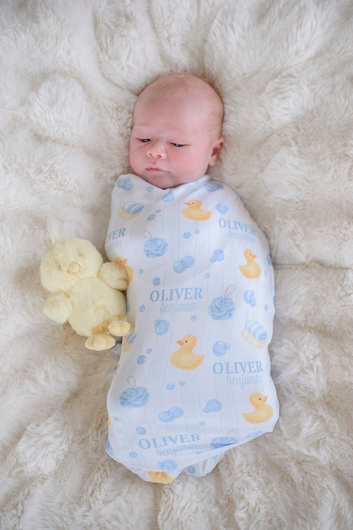 Personalized Swaddle Blanket | Bubble Duckies Blue