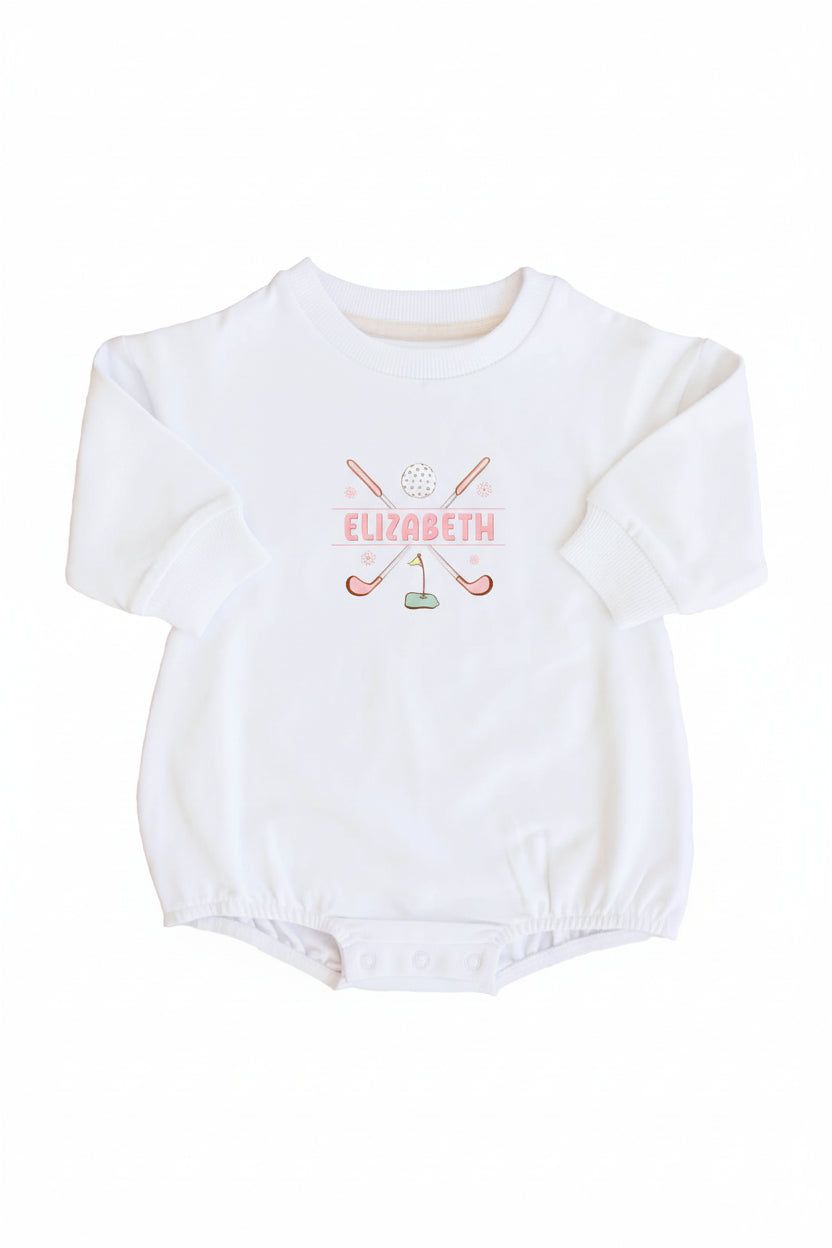 personalized golf print graphic white bubble long sleeve romper for newborn baby girls