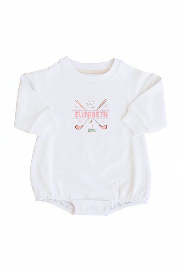 personalized golf print graphic white bubble long sleeve romper for newborn baby girls