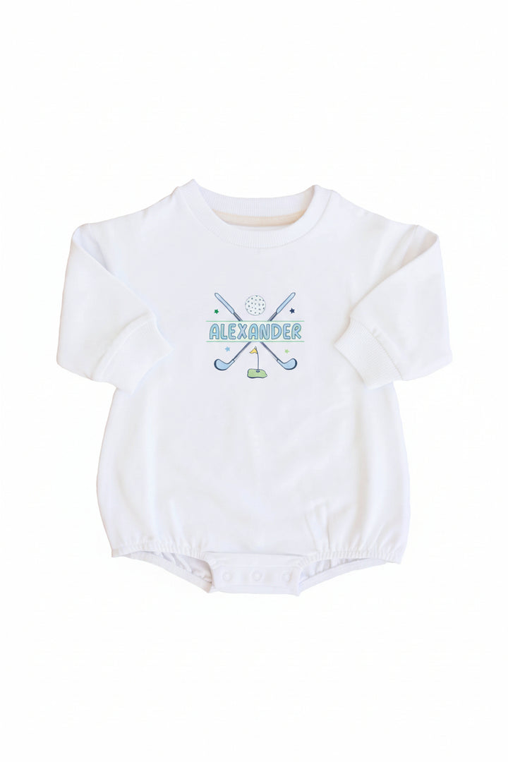 personalized golf print graphic white bubble long sleeve romper for newborns