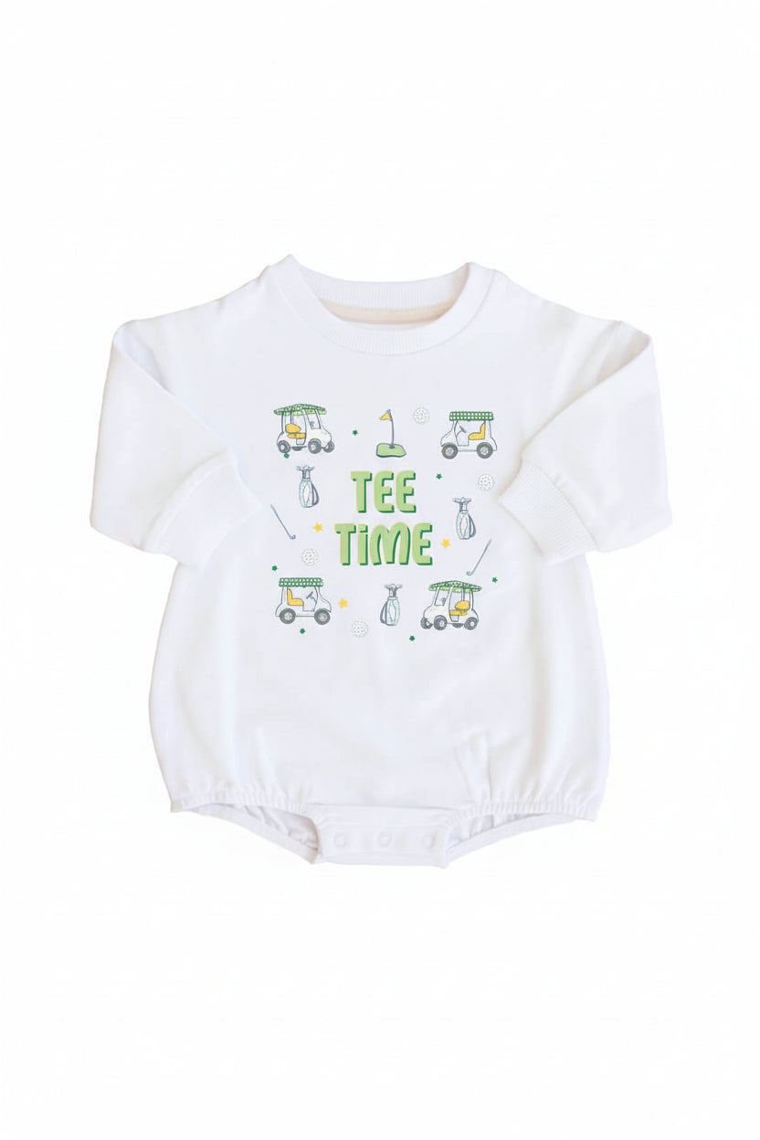 country club golf print graphic white bubble long sleeve romper for babies