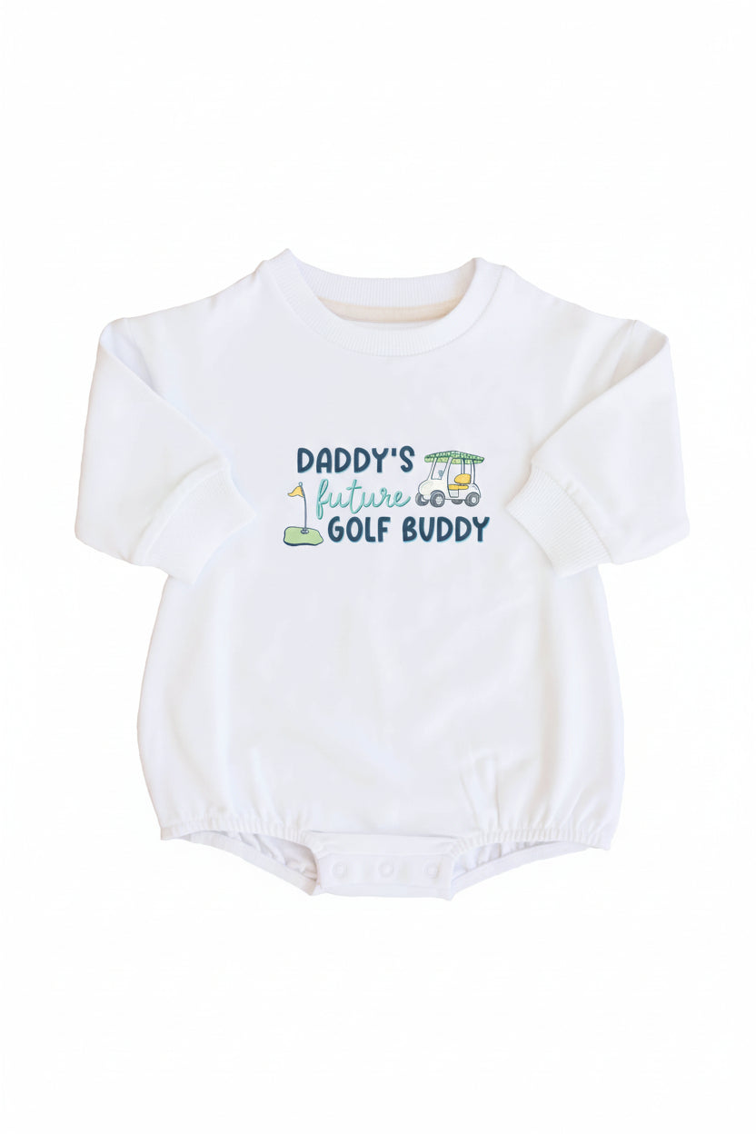country club golf buddy print graphic white bubble long sleeve romper for babies