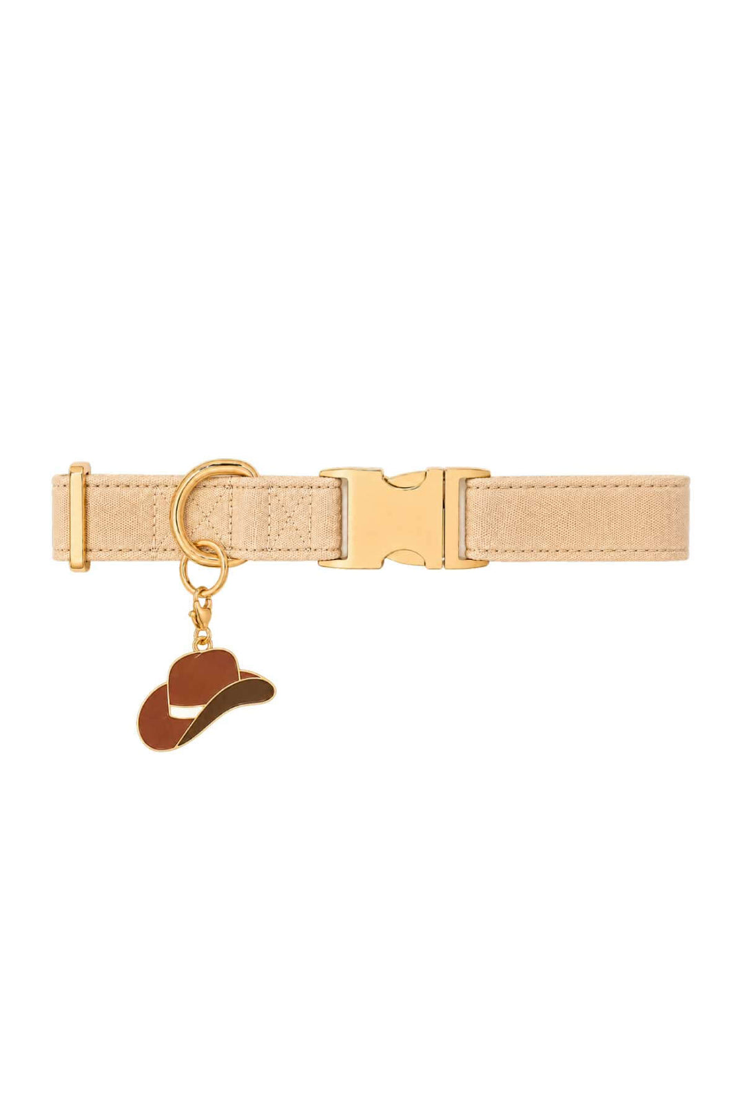 Tan pet collar with a brown enamel cowboy hat charm attached, shown on white background