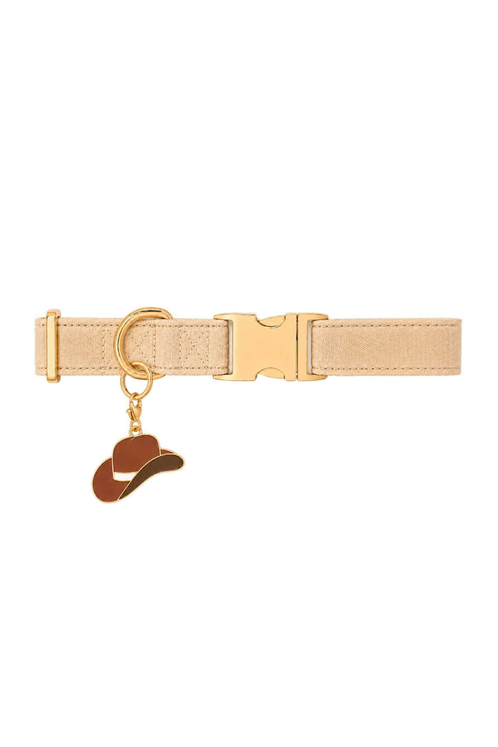 Tan pet collar with a brown enamel cowboy hat charm attached, shown on white background