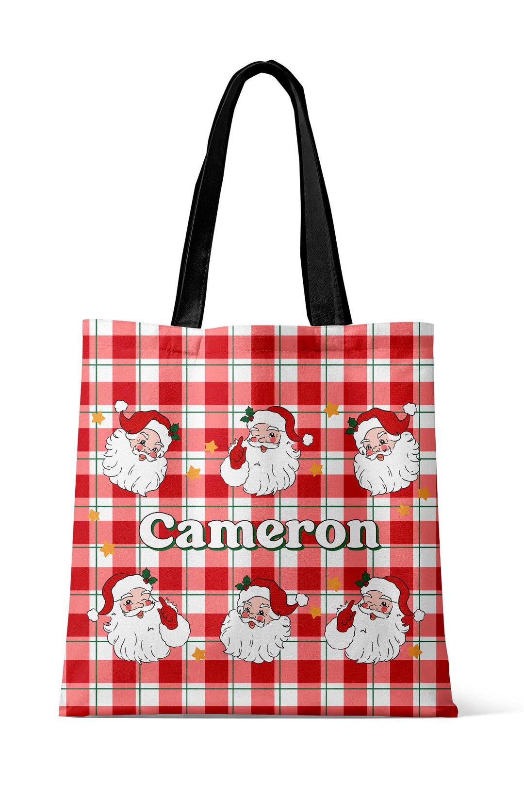 Caden Lane personalized Christmas tote bag featuring a custom name on a classic red and green plaid design, perfect for holiday shopping, Christmas gifts, travel, and matching family pajamas.