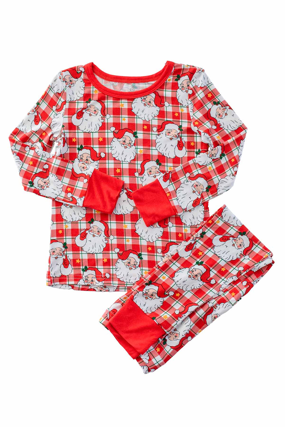 Caden Lane Cozy Claus kids' Christmas bamboo two-piece pajama set featuring a vintage Santa plaid print with a long-sleeve top and matching pants.