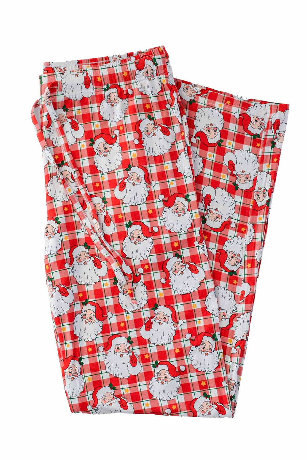 Caden Lane Cozy Claus adult Christmas lounge pajama pants featuring a vintage Santa plaid print, buttery-soft fabric, relaxed fit, and matching family holiday style.