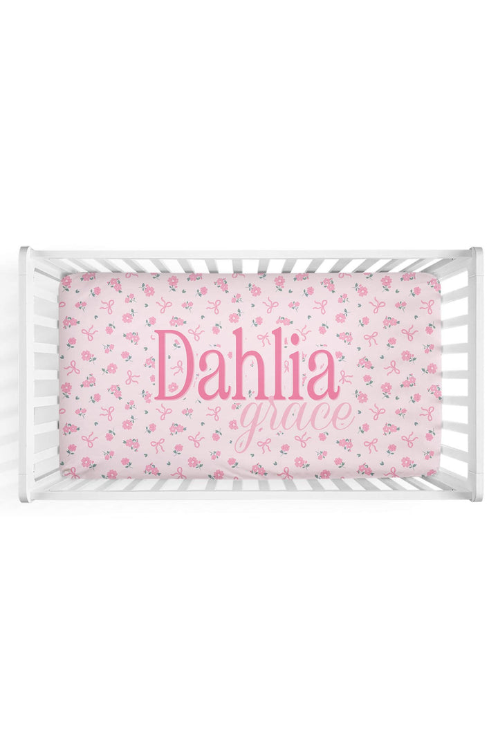 ribbon and roses pink personalized crib sheet for girls 