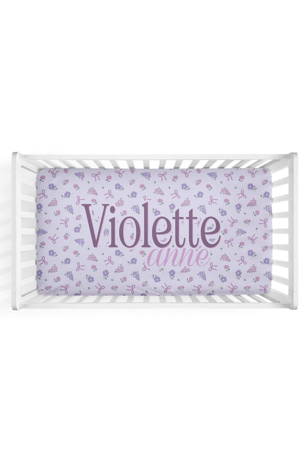 ribbon and roses purple personalized crib sheet 