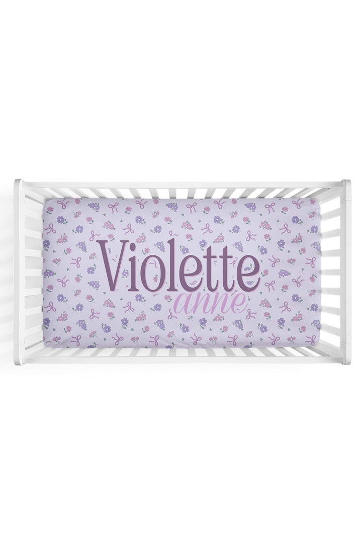 ribbon and roses purple personalized crib sheet 