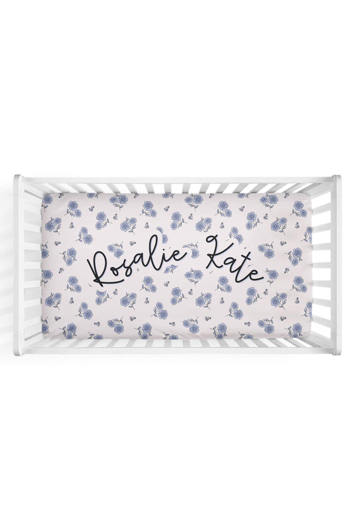 blue floral personalized crib sheet 