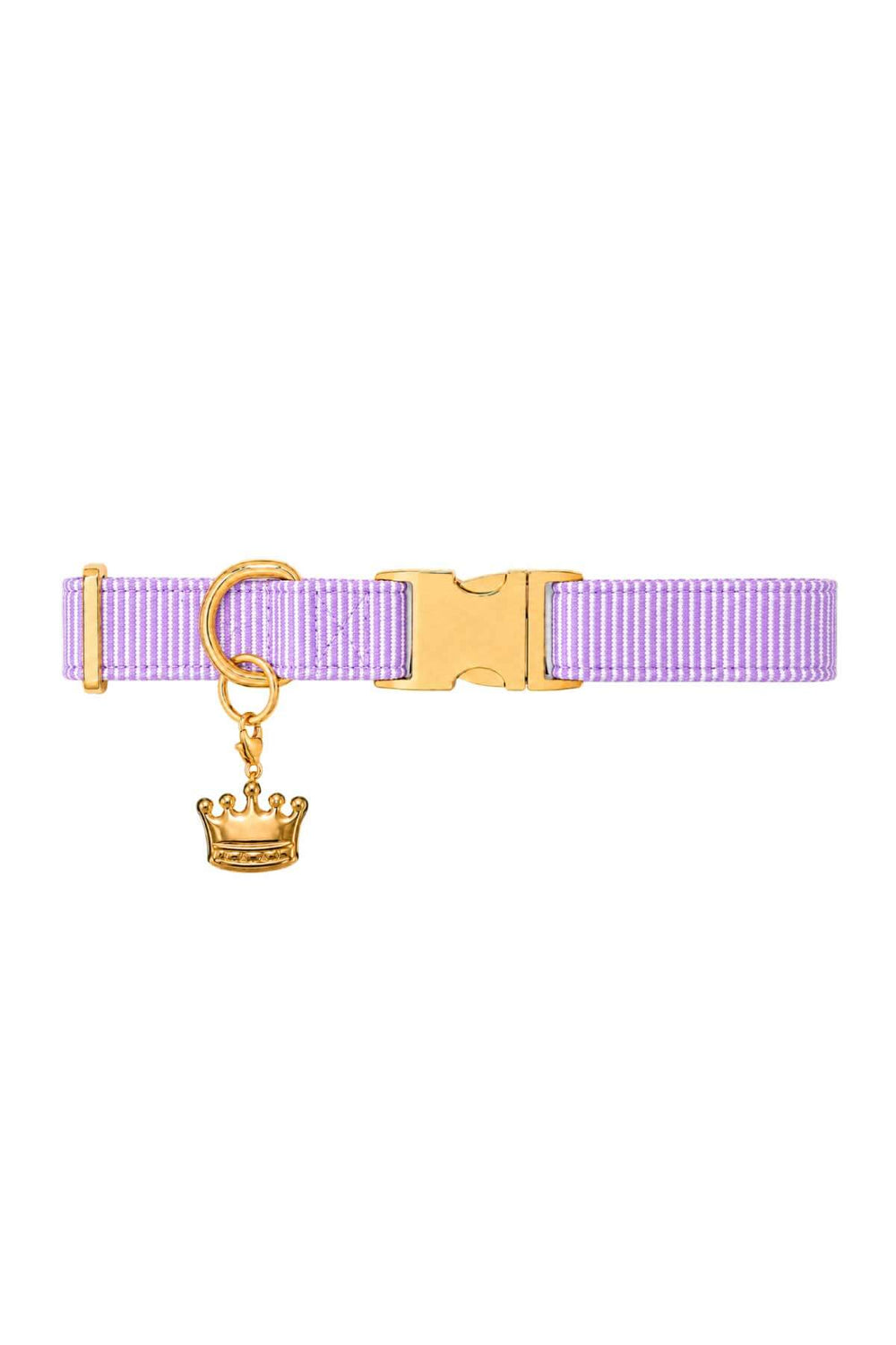 Gold crown pet collar charm attached to a lavender purple pet collar on white background