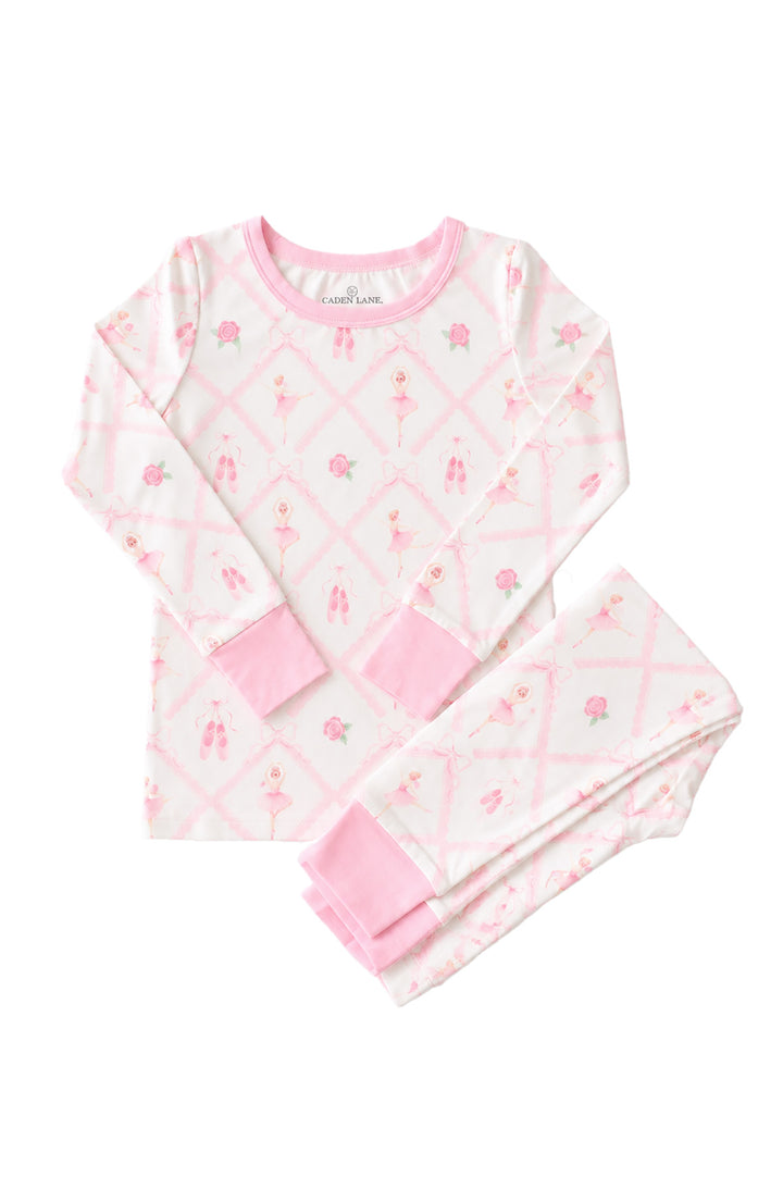 Caden Lane ballerina and roses pink print two-piece pajama set with pink cuffs
